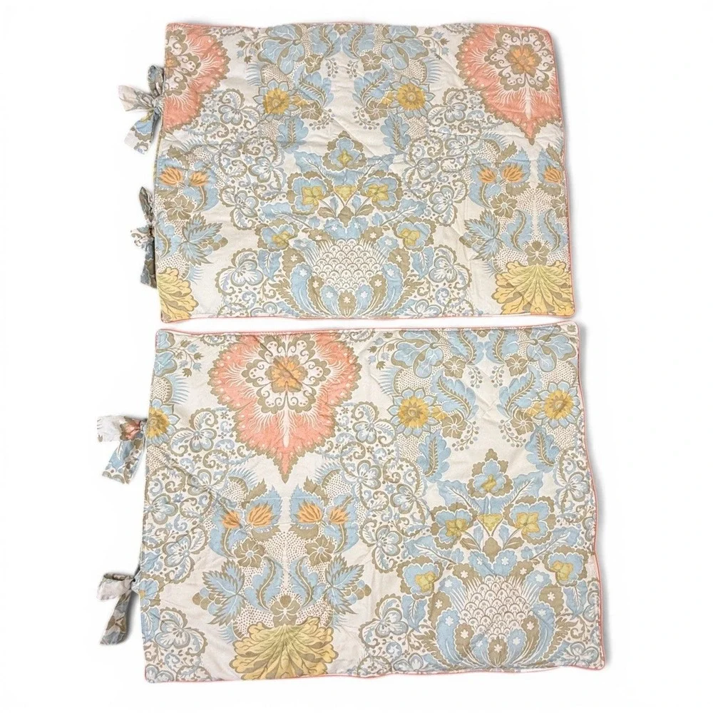 Pottery Barn Quilted Floral Paisley Damask Tie Sham Set 2 Blue Peach 2013 Boho‎